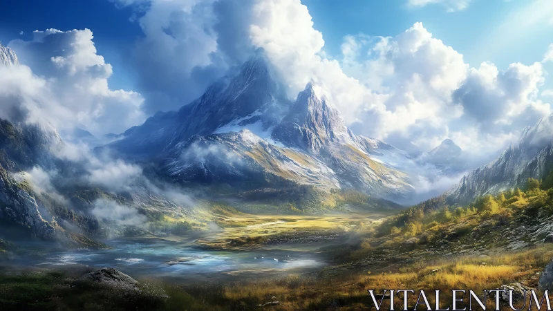 Sunlit alpine spires above misted valley and river basin.