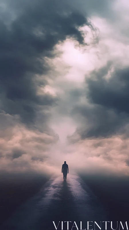 Quiet wanderer walks toward soft light through heavy clouds