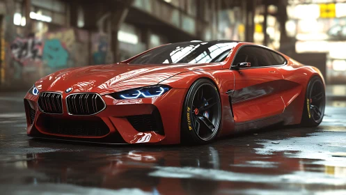 Futuristic red BMW concept car gleams in moody warehouse light
