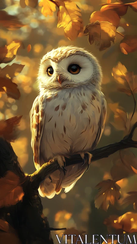 Soft-eyed owl rests amid glowing autumn forest light