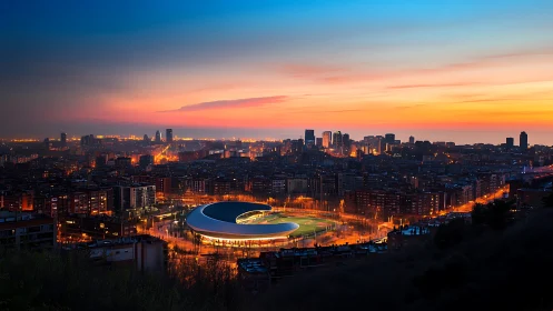 Futuristic circular arena glowing over dusk urban skyline.