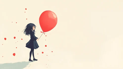 Girl in black holds a red balloon against quiet empty space