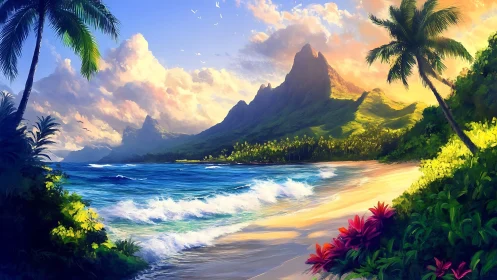 Tropical Beach Landscape with Volcanic Peak and Palm Vegetation.