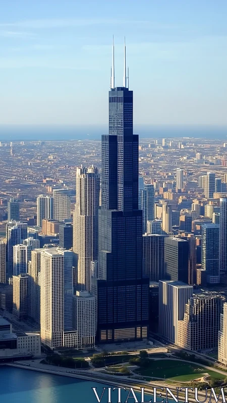 Glass-and-steel skyscraper with twin antennae above city grid