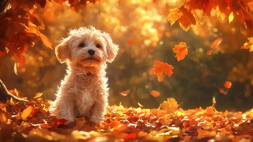 Fluffy puppy sits amid glowing autumn leaves at sunset