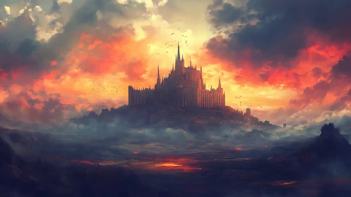 Fortress citadel crowned by molten sunset storm skies.