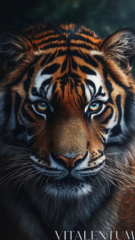 Tiger face fills frame with forward gaze and sharp detail