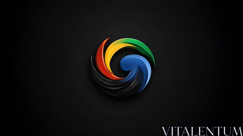 Vibrant swirling emblem glows against deep black background