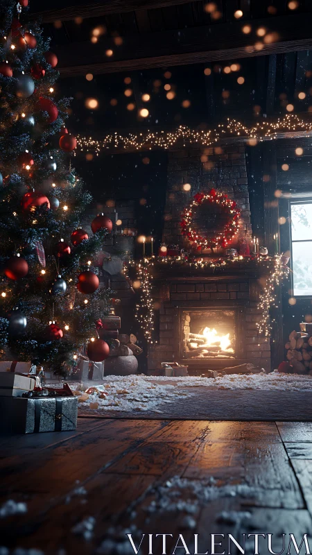 Cozy cabin living room with Christmas tree and fireplace.