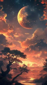 Ember moonrise above dreamlit trees and molten clouds.