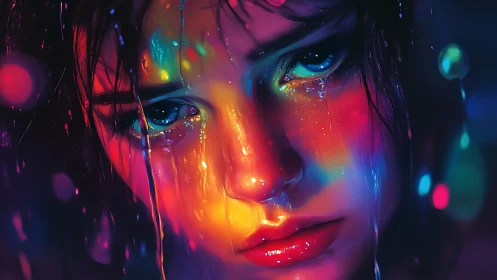 Neon drenched portrait of sorrowful woman in falling rain.