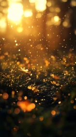 Golden raindrops gently brighten a warm forest meadow