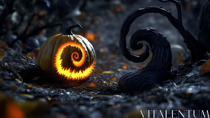 Glowing spiral jack o’ lantern warms a shadowy forest floor