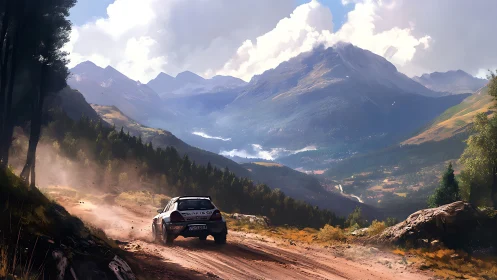 Rally car powers through sunlit alpine valley in digital painting