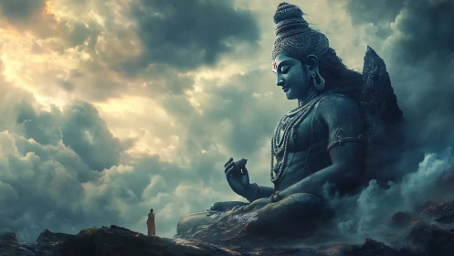 Colossal meditative deity amid volumetric storm cloudscape.