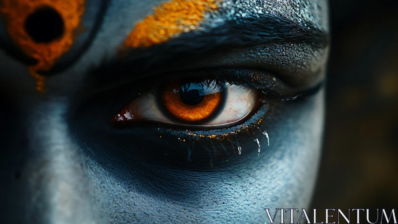 Close-up view isolates painted human eye with orange iris