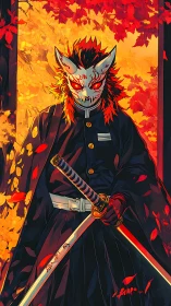 Masked swordsman stands under red autumn foliage holding katana