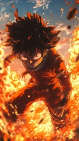 Fiery anime warrior charging through eruptive orange flames.