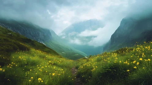 Misty mountain valley path lined with soft yellow wildflowers.