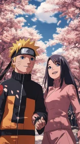 Anime couple holding hands under pink cherry blossoms.