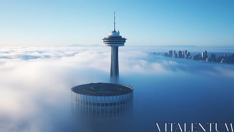 Photorealistic observation tower emerging through low cloud deck.