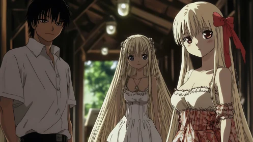 Three anime characters stand in a wooden corridor setting
