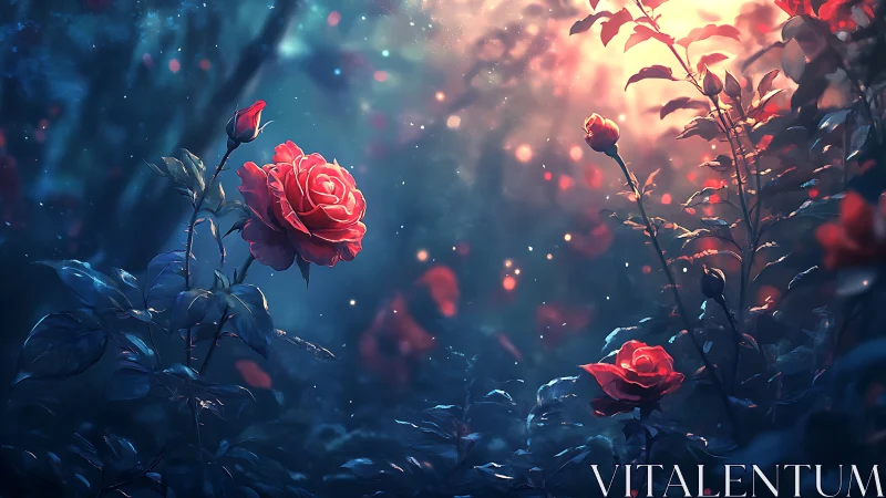 Red Roses Bloom in Twilight Garden.