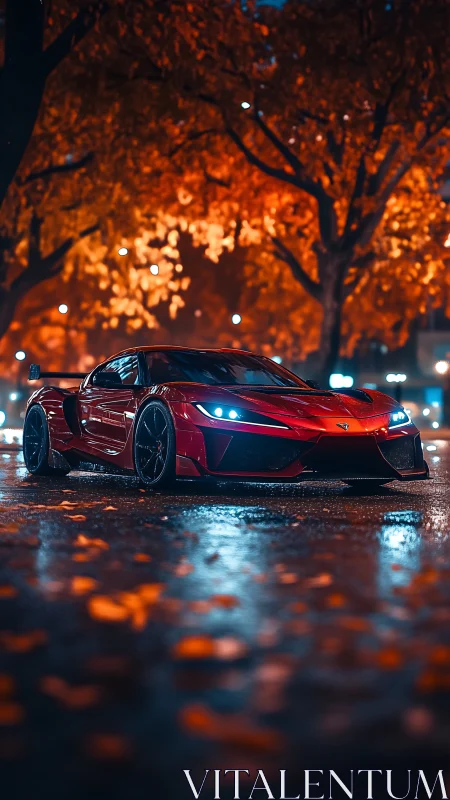 Red sports car on wet city street under autumn trees.