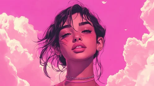 Dreamy pink sky portrait with confident, soft gaze.