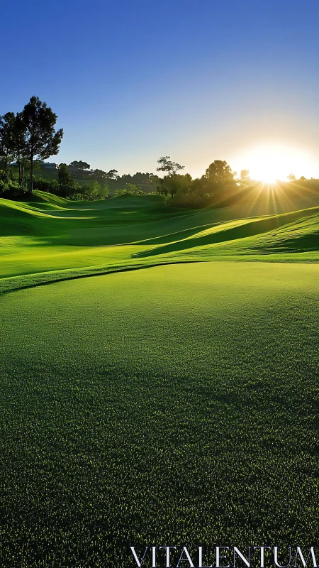 Morning sunlight over smooth green golf course fairway.