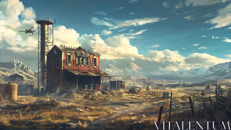 Sunlit desert outpost decays under vast drifting clouds