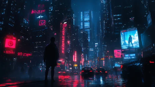 Neon soaked night walk through a moody cyberpunk cityscape.