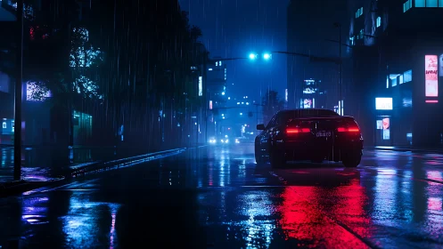 Car is positioned on wet city street under blue traffic lights