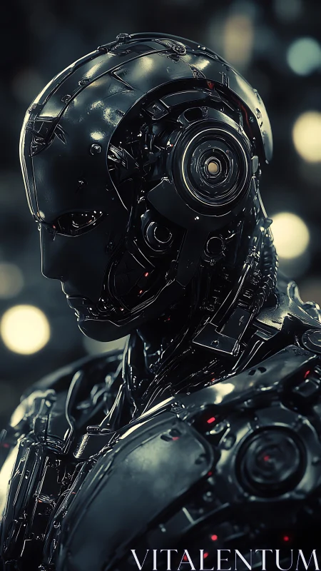 Chrome sentient android in moody cinematic profile light.