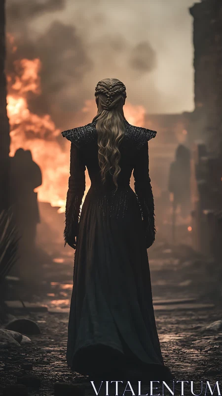 Armored queen stands in burning alley, backlit by structural fire