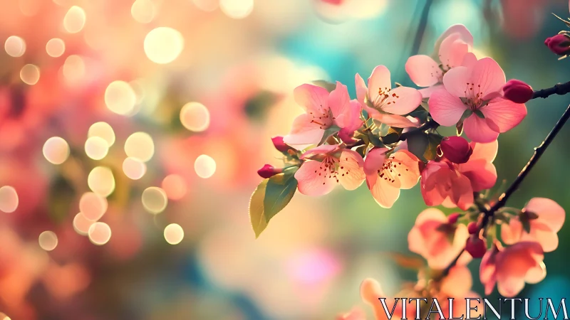 Pink Spring Blossoms Against Warm Bokeh Light.