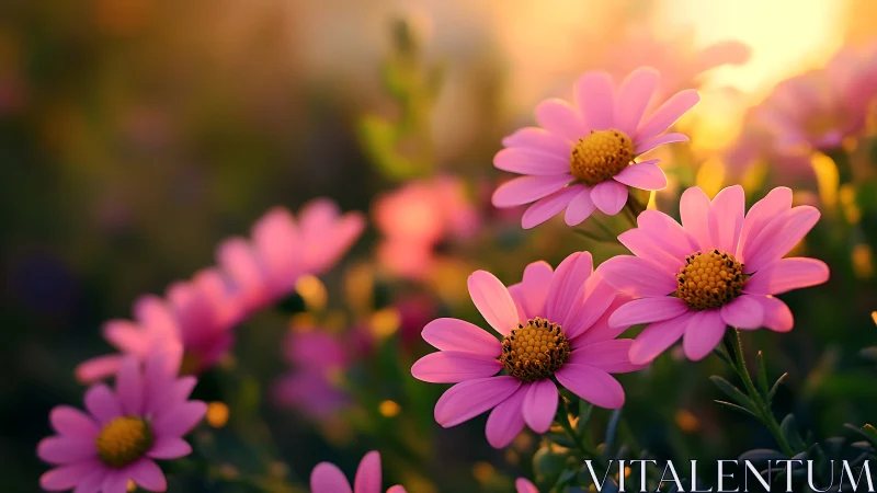 Pink daisies bloom against golden bokeh light.