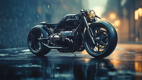 Sleek black concept motorcycle waits on a rain-soaked street