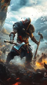 Stoic warrior stands firm amid firelit mountain battle.