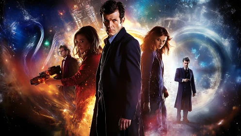 Time-travel heroes framed by cosmic vortex energy fields.