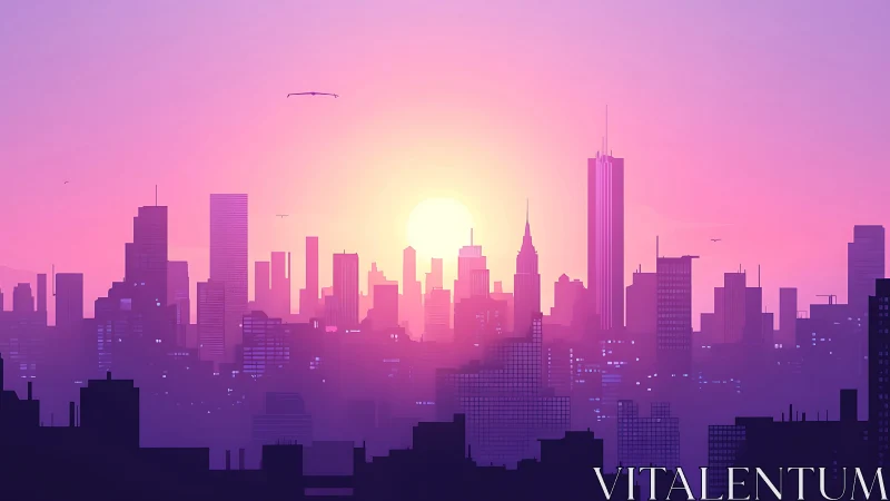 Neon sunrise melts across a dreamy violet megacity skyline.
