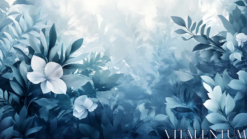 Soft blue foliage with white blossoms in diffuse light.