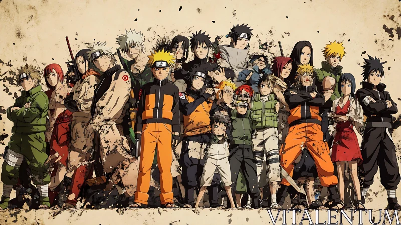 Anime ninja ensemble under grunge splatter composition.