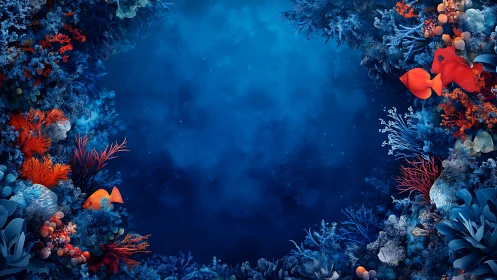 Luminous coral reef frames a tranquil deep blue ocean void.