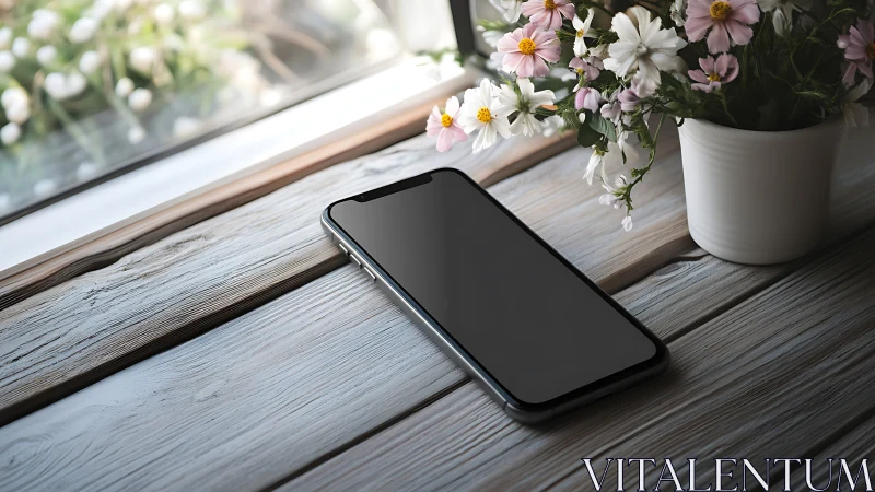Smartphone on Weathered Wood Windowsill with Potted Daisies