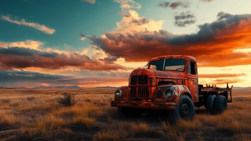 Rusting red truck stands abandoned under blazing prairie sunset