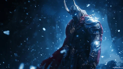 Armored ice warrior with glowing eyes in snowfall scene.