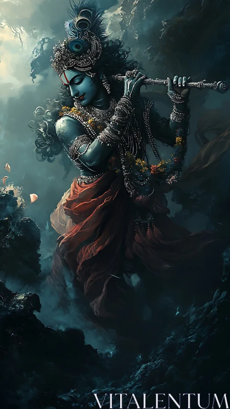 Divine blue figure with ornate jewelry plays flute in swirling mist