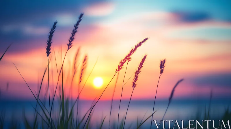 Sunset over calm water with sharp silhouettes of grass.