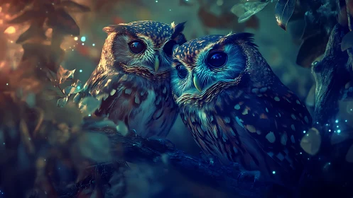Two Owls Perched on Branch in Magical Night Forest Scene.